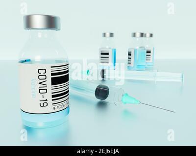 3D Illustration. Covid-19 vaccine bottles. Stock Photo