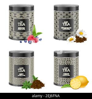 Realistic black tea tin boxes 4 packages collection with chamomile mint lemon raspberry blueberry isolated vector illustration Stock Vector