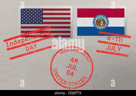 Postage stamp envelope with Missouri and USA flag and 4-th July stamps, vector Stock Vector