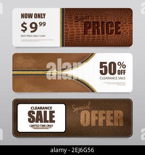 Artificial leather clearance sale offer prices with 3  qualities texture samples realistic horizontal banners isolated vector illustration Stock Vector