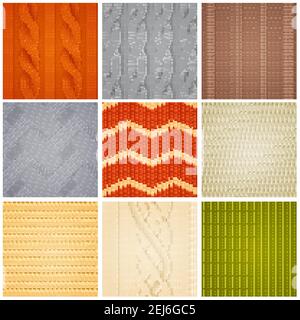 Colorful knitting patterns texture realistic square samples set with cable zig-zag and rib stitch vector illustration Stock Vector
