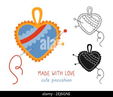 Sewing needle bed cartoon set, line icon and black glyph style. Dressmaking needlework tools, heart shape. Needles in pillow, sewing accessories for hobby or work. Isolated vector illustration Stock Vector