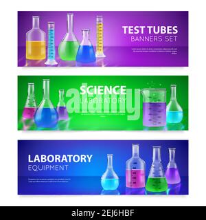 Realistic test-tubes retorts scientific chemical laboratory glassware equipment 3 horizontal colorful banners set isolated vector illustration Stock Vector