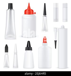 Glue black red white nozzles on white blank bottles tubes sticks realistic templates set isolated vector illustration Stock Vector