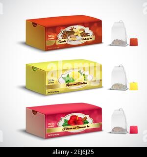 Fruit and herbal whole leaves teabags box packages realistic set with lemon mint hibiscus flavors vector illustration Stock Vector
