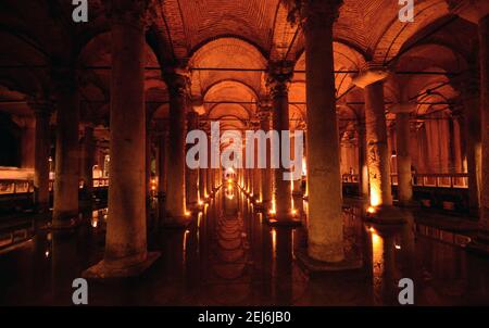 The large columns and domed ceiling of the Cistern Basilica under the city of Istanbul. Popular tourist spot near the Hagia Sofia. Feb 2016 Stock Photo