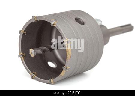 Percussion core hammer drill bit for cutting holes into base materials, isolated on white background Stock Photo
