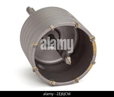 Percussion core hammer drill bit for cutting holes into base materials, isolated on white background Stock Photo