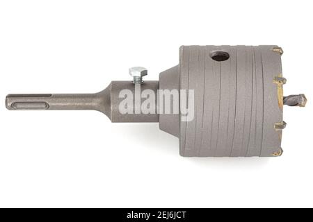 Percussion core hammer drill bit for cutting holes into base materials, isolated on white background Stock Photo