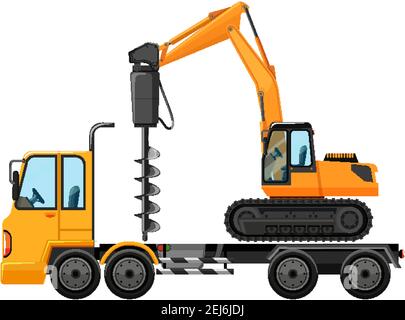 Tow truck carrying construction car isolated on white background illustration Stock Vector