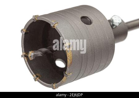 Percussion core hammer drill bit for cutting holes into base materials, isolated on white background Stock Photo