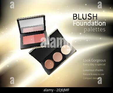 Luxury makeup cosmetics realistic advertisement poster with blush foundation palette on glowing golden radiant background vector illustration Stock Vector