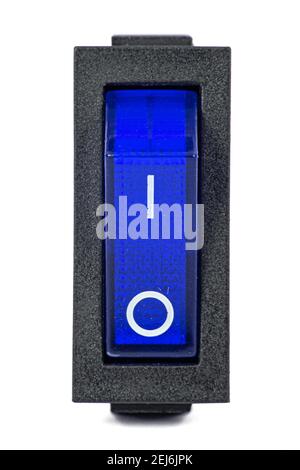 Blue power switch at OF position, isolated on white background Stock Photo