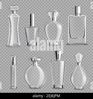 Perfume glass bottles various shapes and caps clear colorless realistic set on transparent background isolated vector illustration Stock Vector