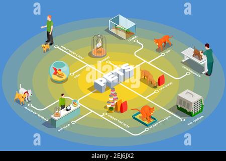 Pets isometric flowchart with dog breeds case for animals toilet for cats pet shop icons vector illustration Stock Vector