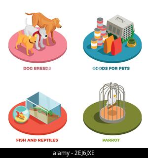 Pet shop 2x2 design concept with dog breeds goods for pet parrot fish and reptiles isometric icons vector illustration Stock Vector
