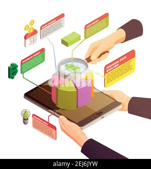 Financial technology isometric concept with business idea data analysis basic income future of money elements vector illustration Stock Vector