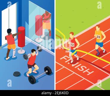 Bionics technology perfecting life quality vertical banners with people having prosthesis involved in sport isometric vector illustration Stock Vector