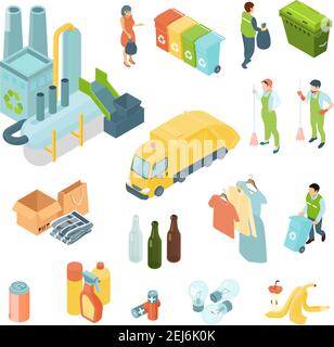 Garbage recycling set of isometric icons with waste processing plant, refuse truck, trash bins isolated vector illustration Stock Vector