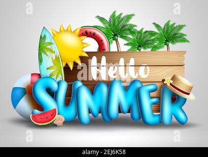 Hello summer vector concept design. Hello summer text in tropical season background with elements like palm trees, surf board and floater for fun. Stock Vector