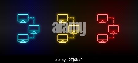 Neon icon set Computer lan. Set of red, blue, yellow neon vector icon Stock Vector