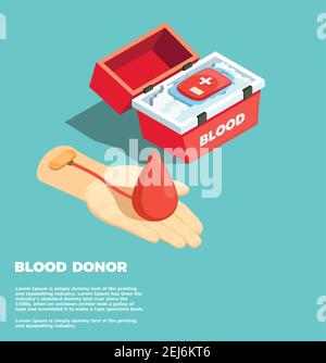 Blood donor isometric design concept with blood donation bag in medical container and hand of donor vector illustration Stock Vector
