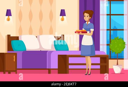 Hotel staff colorful background with maid in room interior holding clean towels cartoon vector illustration Stock Vector