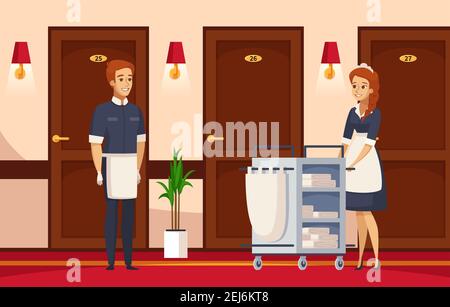 Hotel staff cartoon composition with cleaner and chambermaid engaged in performance of  service duties vector illustration Stock Vector