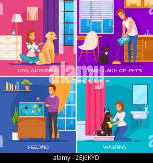 People with pets 2x2 design concept with dog grooming washing fish feeding cat care square icons cartoon vector illustration Stock Vector