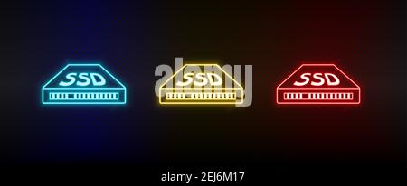 Neon icon set Ssd. Set of red, blue, yellow neon vector icon Stock Vector