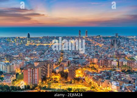 Barcelona Spain, high angle view night city skyline from Bunkers del Carmel Stock Photo