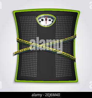 Mechanical floor dial scale with yellow measuring tape for weight loss fitness goals tracking realistic vector illustration Stock Vector