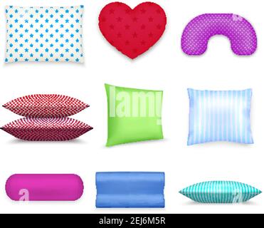 Heart roll square and contour cervical pillows realistic colorful set with travel neck cushion isolated vector illustration Stock Vector