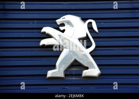 Martigues, France. 15th Feb, 2021. Peugeot company logo seen on one of their car dealerships showrooms. Credit: Gerard Bottino/SOPA Images/ZUMA Wire/Alamy Live News Stock Photo