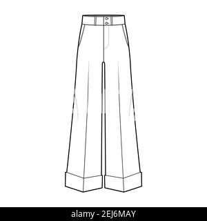 Pants oxford tailored technical fashion illustration with low waist, rise, full length, slant slashed jetted pockets. Flat trousers apparel template front, white, color. Women men unisex CAD mockup Stock Vector