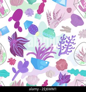 Succulents seamless pattern with different plants symbols flat vector illustration Stock Vector