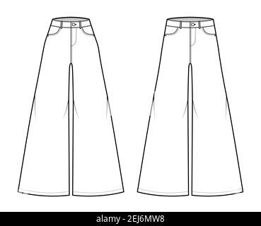 Jeans Baggy wide Pants Denim technical fashion illustration with full ...