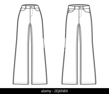 Set of Jeans wide leg Denim pants technical fashion illustration with full length, low waist, high rise, Rivets, belt loops. Flat bottom template front, back, white, grey color style. Women CAD mockup Stock Vector