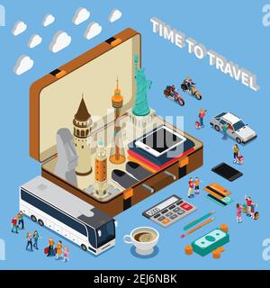 Travel isometric composition on blue background with landmarks in suitcase, tourists, money, mobile devices, vehicles vector illustration Stock Vector