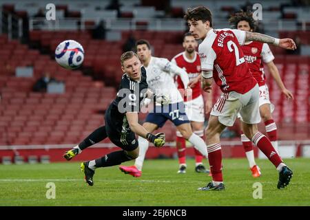 London, Britain. 21st Feb, 2021. Arsenal's goalkeeper Bernd Leno (1st L) competes during the English Premier League football match between Arsenal and Manchester City at the Emirates Stadium in London, Britain, on Feb. 21, 2021. Credit: Han Yan/Xinhua/Alamy Live News Stock Photo
