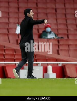 London, Britain. 21st Feb, 2021. Arsenal's manager Mikel Arteta is seen during the English Premier League football match between Arsenal and Manchester City at the Emirates Stadium in London, Britain, on Feb. 21, 2021. Credit: Han Yan/Xinhua/Alamy Live News Stock Photo