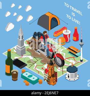 Tourist lifestyle isometric composition on blue background with motorbike trip, travel landmarks, map, food vector illustration Stock Vector