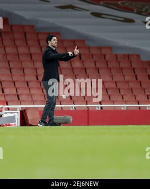 London, Britain. 21st Feb, 2021. Arsenal's manager Mikel Arteta is seen during the English Premier League football match between Arsenal and Manchester City at the Emirates Stadium in London, Britain, on Feb. 21, 2021. Credit: Han Yan/Xinhua/Alamy Live News Stock Photo