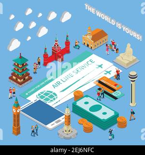 Traveling people isometric composition on blue background with flight tickets, money, tourist landmarks, mobile device vector illustration Stock Vector