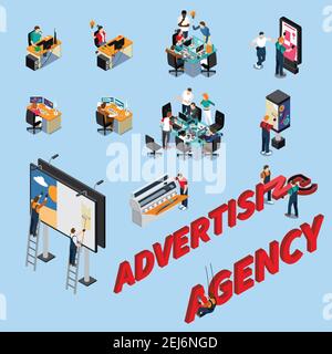 Advertising agency isometric people at workplaces, during brainstorming, pasting billboards isolated on blue background vector illustration Stock Vector