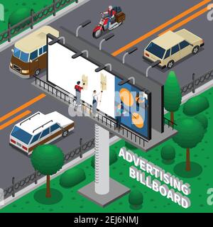 Workers pasting ad poster on billboard, isometric composition with transportation on road, green trees vector illustration Stock Vector