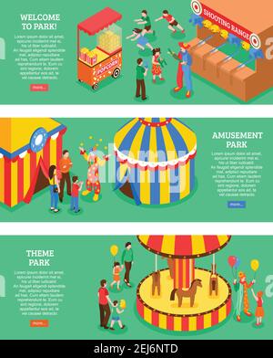 Amusement park horizontal banners with popcorn cart circus tent carousel shooting range  isometric icons 3d vector illustration Stock Vector