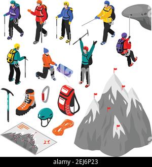 Mountaineering isometric set of touristic equipment and climbers characters in helmets and winter sport suits isolated vector illustration Stock Vector