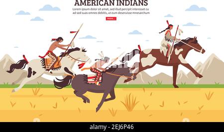 Ethnic background with armed american indians riding horses across prairie against mountains cartoon vector illustration Stock Vector