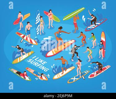 Surfing isometric blue background with male and female sportsmen riding on waves with surfboard vector illustration Stock Vector